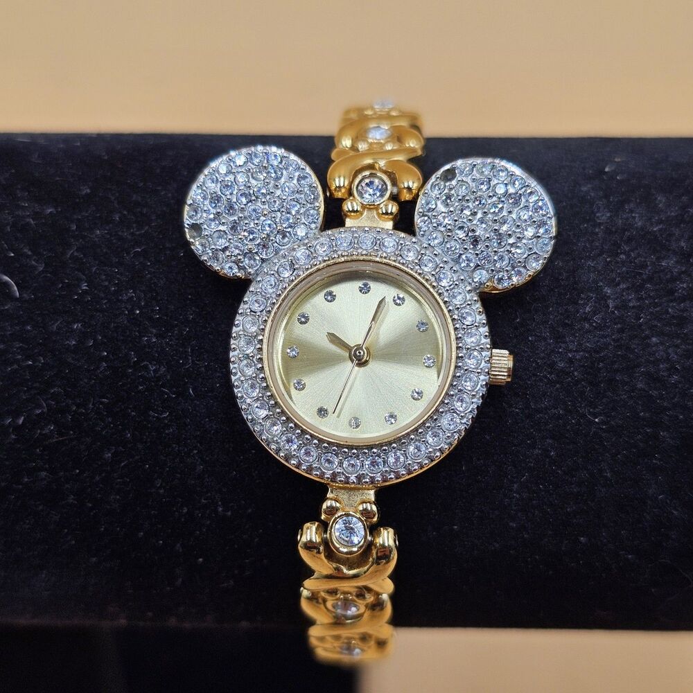 Vintage Disney Mickey Mouse Ears Pave Crystal Watch Disney Time Works Gold-Tone